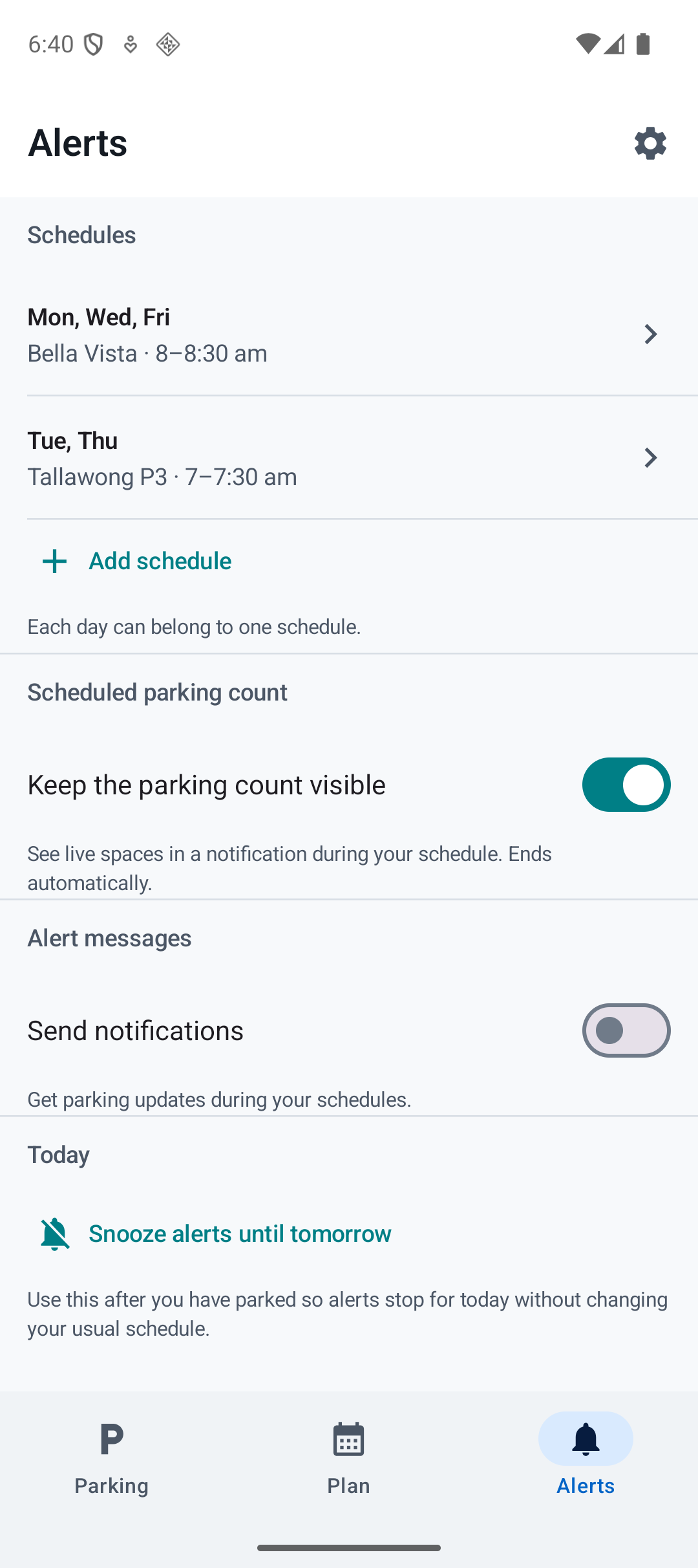 Android Alerts screen with saved weekday schedules, separate scheduled monitoring and parking message controls