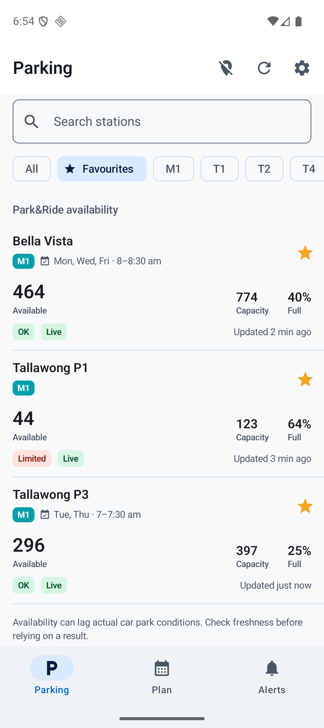 Android Parking list with live spaces and saved weekday schedule context beside results