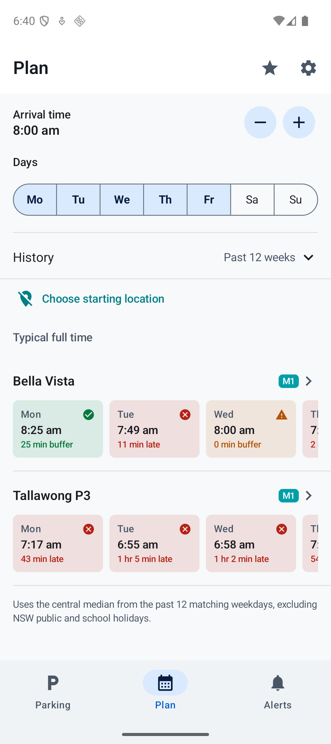 Android Plan screen comparing recent matching weekdays for a chosen car park and arrival time