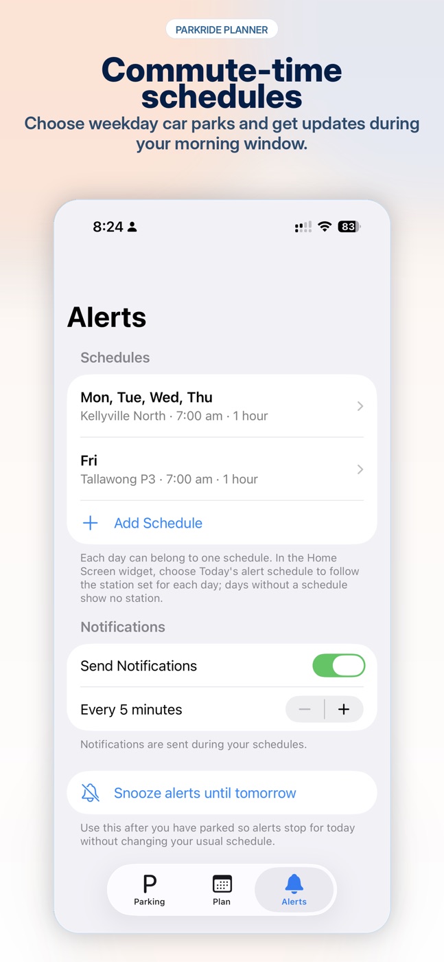 ParkRide Planner commute-time parking update schedule