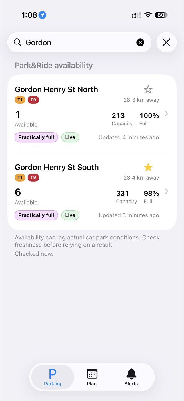 ParkRide Planner comparing live availability at Gordon North and Gordon South