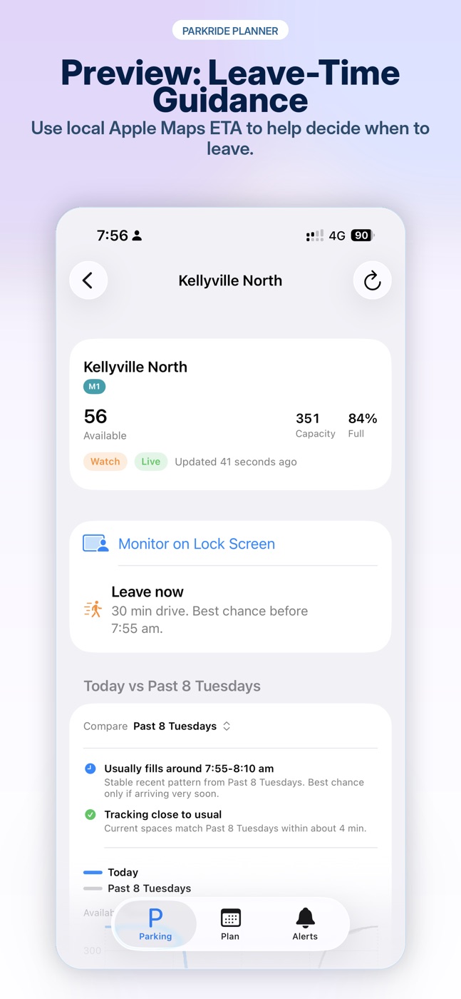 Optional Leave-Time Guidance using Apple Maps drive time and parking patterns