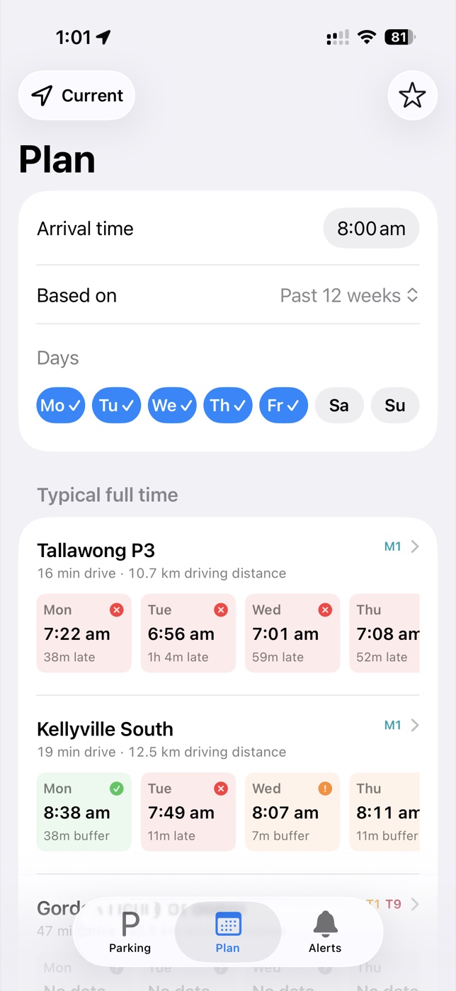 ParkRide Planner Plan comparing weekday practical-full times for an 8 am arrival