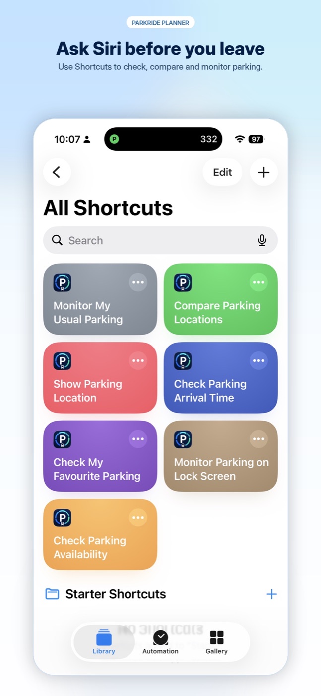 Siri and Shortcuts options for ParkRide Planner