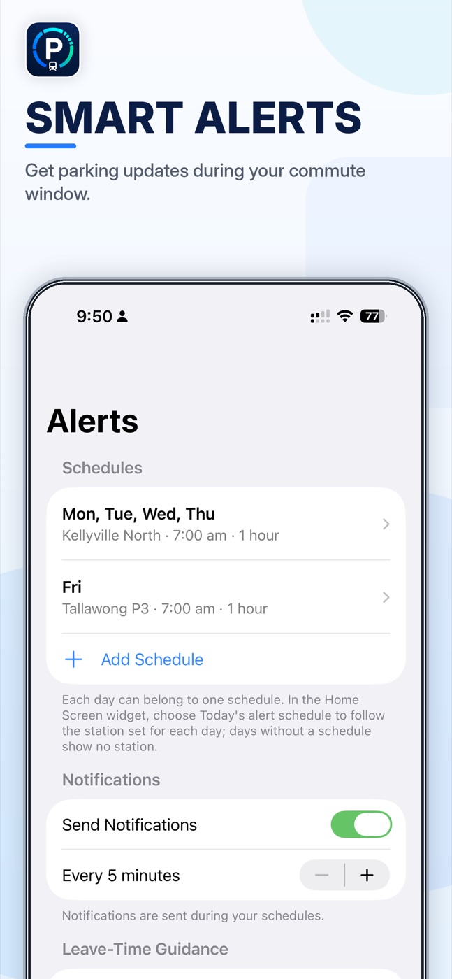 ParkRide Planner commute-time parking alert schedules