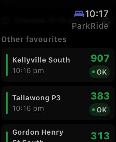 ParkRide Planner Apple Watch favourites showing Kellyville South, Tallawong P3 and Gordon South