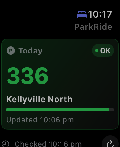 ParkRide Planner Apple Watch app showing parking status for Kellyville North